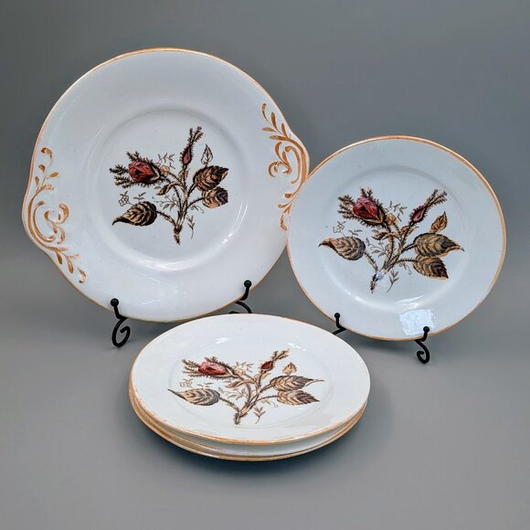 1950s Vintage Dusty Rose Floral Plate Set with Matching Serving Platter - Picture 1 of 9